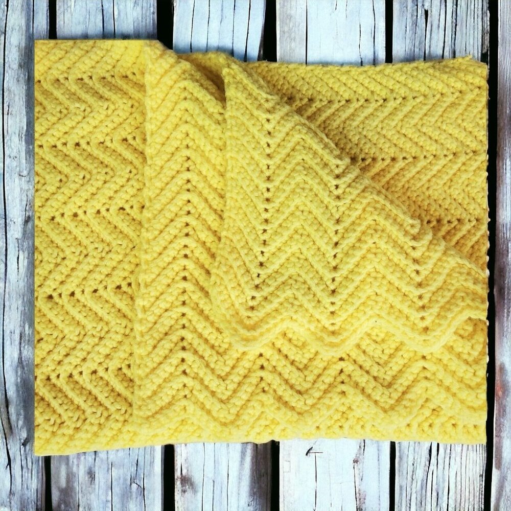 Handmade Crocheted Baby Afghan Pastel Yellow Chevron Crib Blanket 29" x 43"